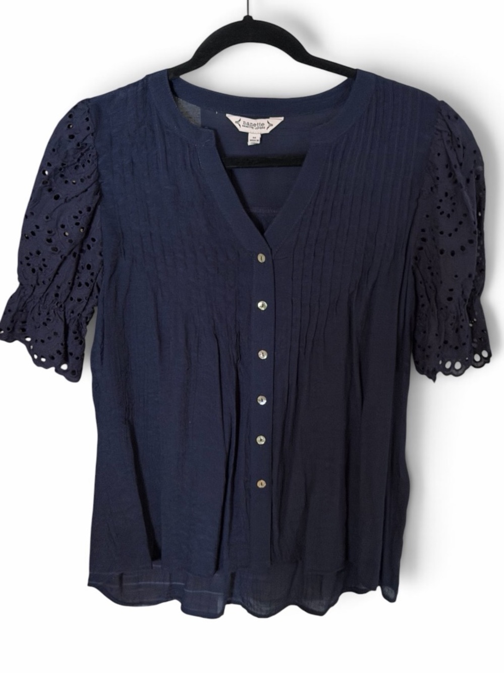NWOT Nanette Lepore Navy Blue Eyelet Puff Sleeve Button Front Blouse Size Medium